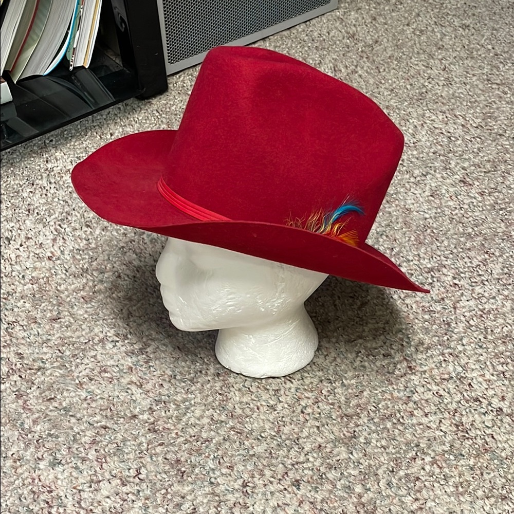 Vintage Red wool felt Cowboy Hat with Feather Accent